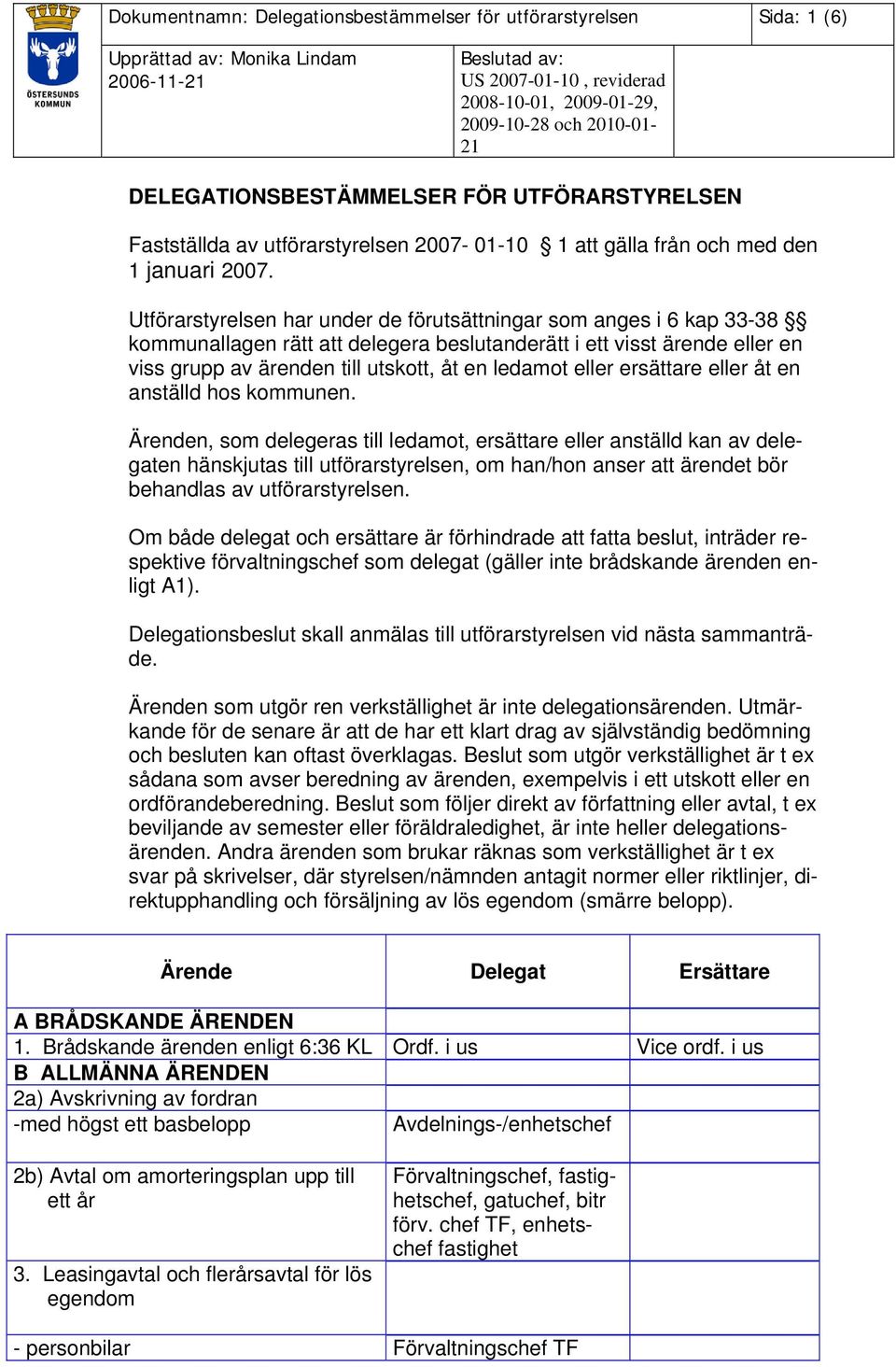 Utförarstyrelsen har under de förutsättningar som anges i 6 kap 33-38 kommunallagen rätt att delegera beslutanderätt i ett visst ärende eller en viss grupp av ärenden till utskott, åt en ledamot