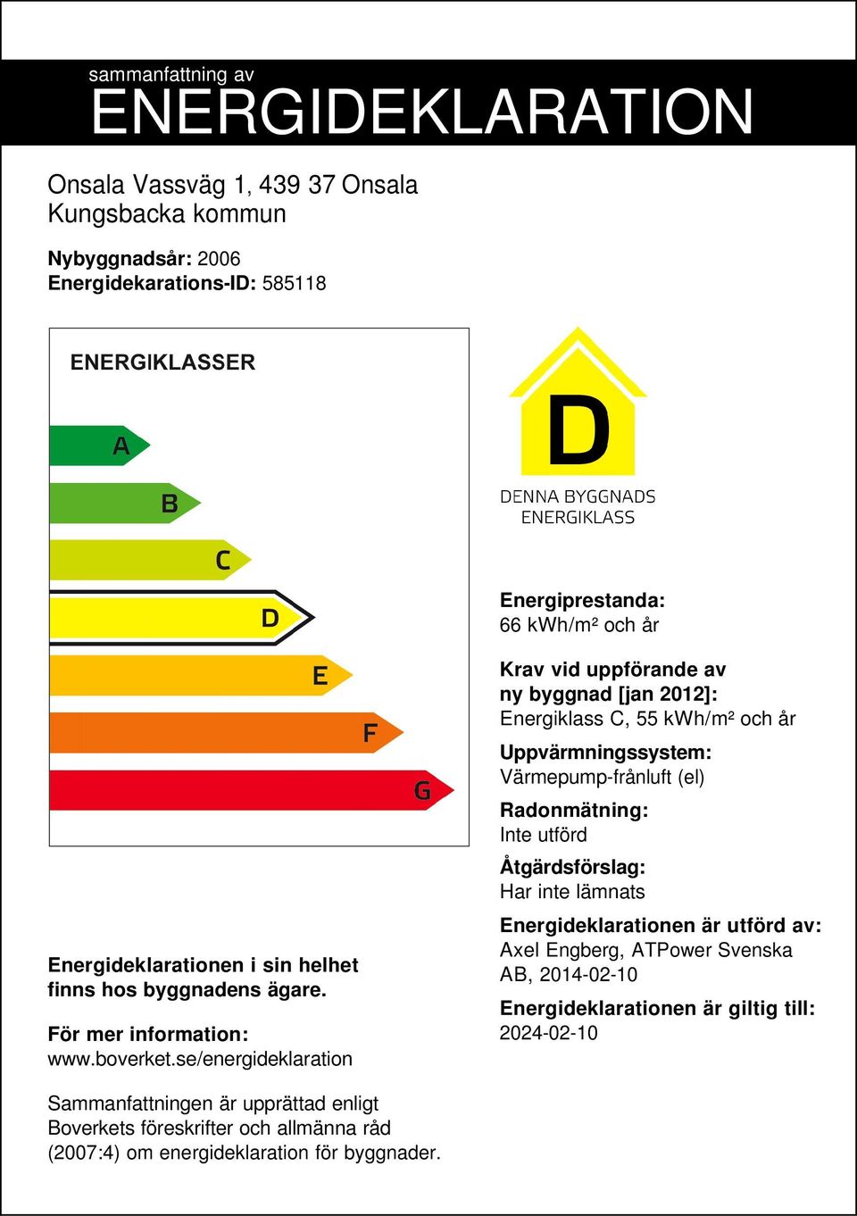 se/energideklaration Krav vid uppförande av ny byggnad [jan 2012]: Energiklass C, 55 /m² och år Uppvärmningssystem: Värmepump-frånluft (el) Radonmätning: Inte utförd