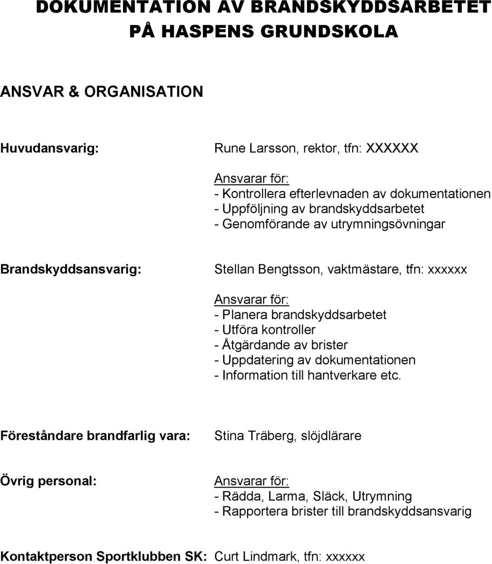 brandskyddsarbetet - Utföra kontroller - Åtgärdande av brister - Uppdatering av dokumentationen - Information till hantverkare etc.