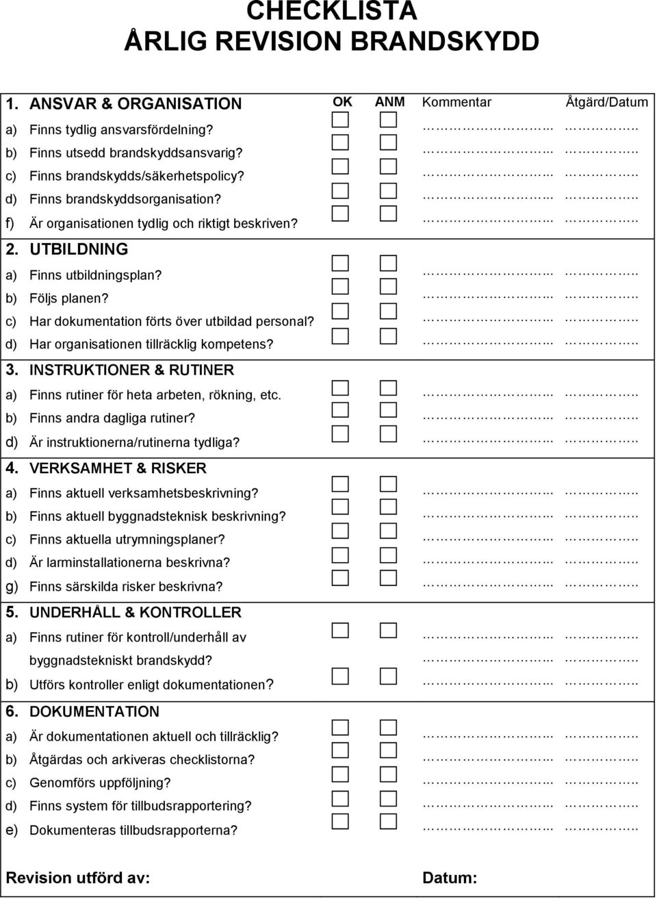 d) Har organisationen tillräcklig kompetens? 3. INSTRUKTIONER & RUTINER a) Finns rutiner för heta arbeten, rökning, etc. b) Finns andra dagliga rutiner? d) Är instruktionerna/rutinerna tydliga? 4.