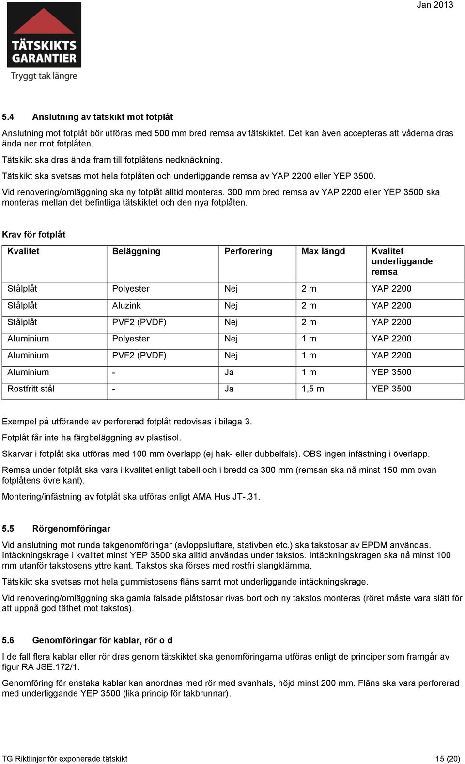 Vid renovering/omläggning ska ny fotplåt alltid monteras. 300 mm bred remsa av YAP 2200 eller YEP 3500 ska monteras mellan det befintliga tätskiktet och den nya fotplåten.