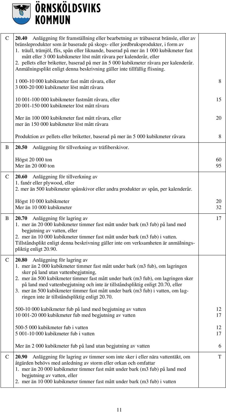 pellets eller briketter, baserad på mer än 5 000 kubikmeter råvara per kalenderår. Anmälningsplikt enligt denna beskrivning gäller inte tillfällig flisning.