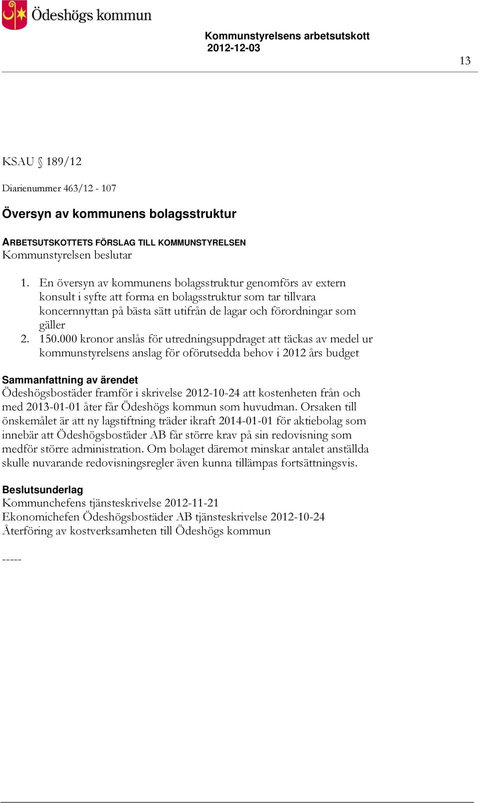 000 kronor anslås för utredningsuppdraget att täckas av medel ur kommunstyrelsens anslag för oförutsedda behov i 2012 års budget Ödeshögsbostäder framför i skrivelse 2012-10-24 att kostenheten från