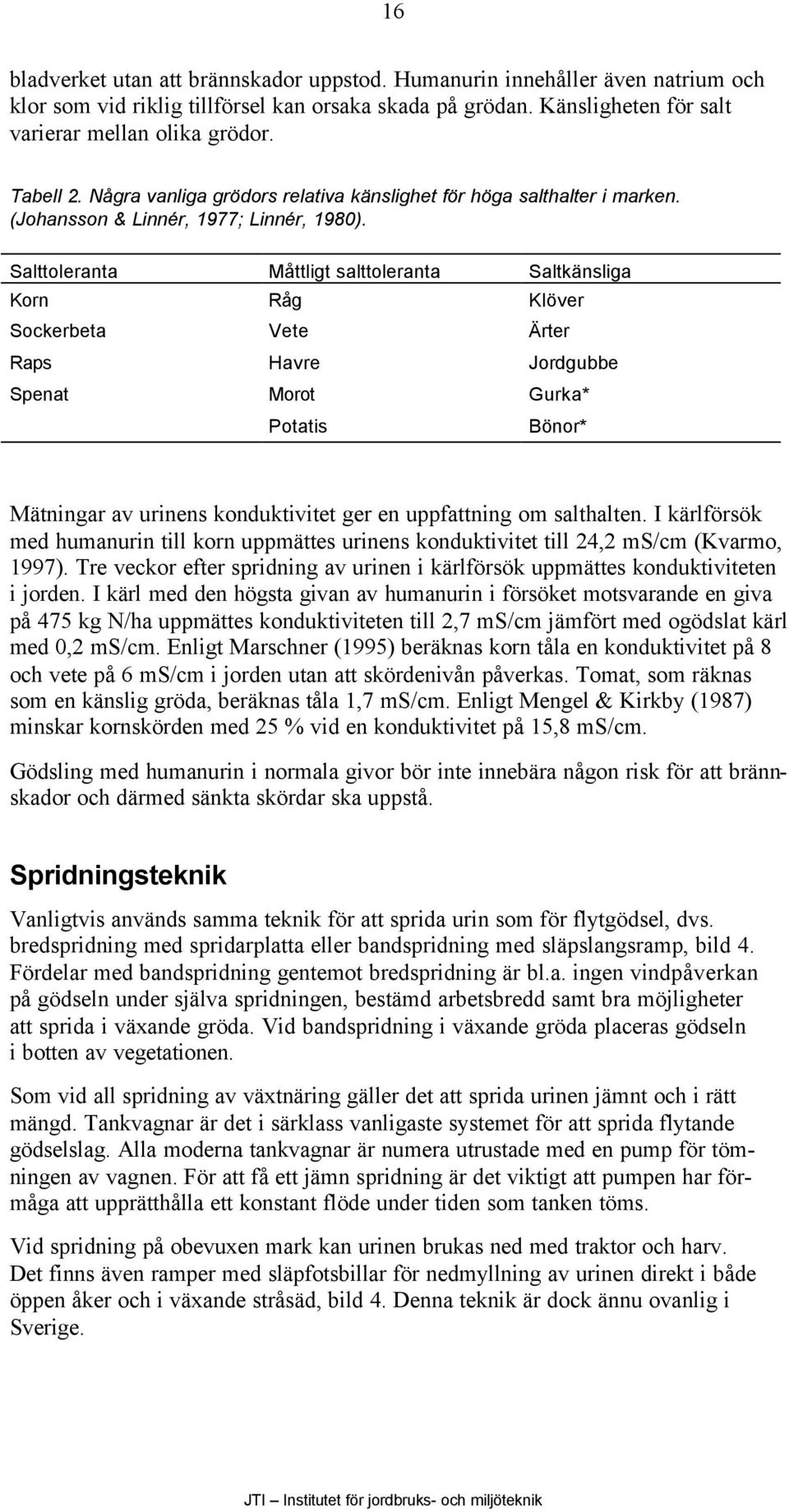 Salttoleranta Måttligt salttoleranta Saltkänsliga Korn Råg Klöver Sockerbeta Vete Ärter Raps Havre Jordgubbe Spenat Morot Gurka* Potatis Bönor* Mätningar av urinens konduktivitet ger en uppfattning