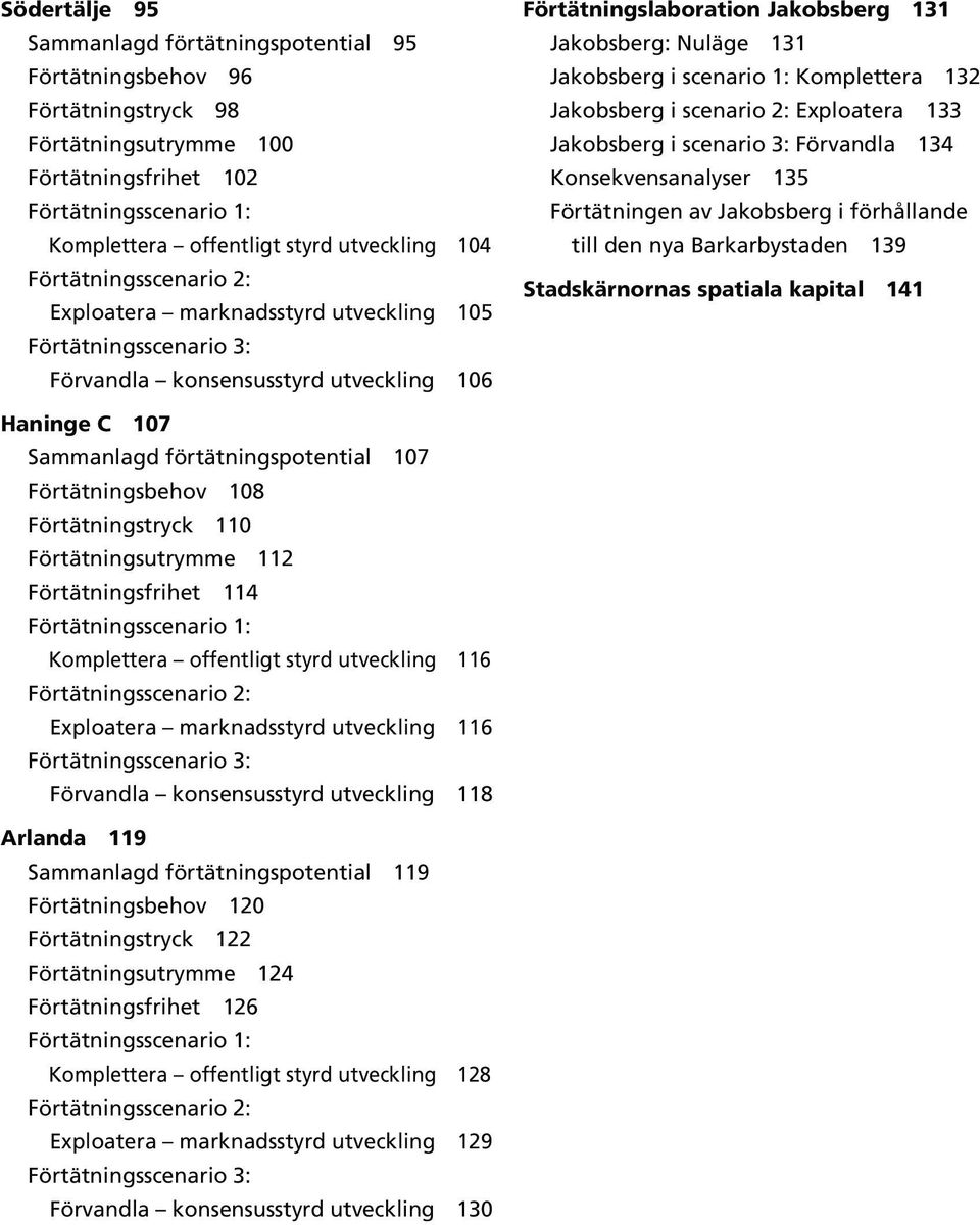 Jakobsberg i scenario 1: Komplettera 132 Jakobsberg i scenario 2: Exploatera 133 Jakobsberg i scenario 3: Förvandla 134 Konsekvensanalyser 135 Förtätningen av Jakobsberg i förhållande till den nya