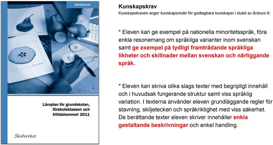 * Eleven kan skriva olika slags texter med begripligt innehåll och i huvudsak fungerande struktur samt viss språklig variation.