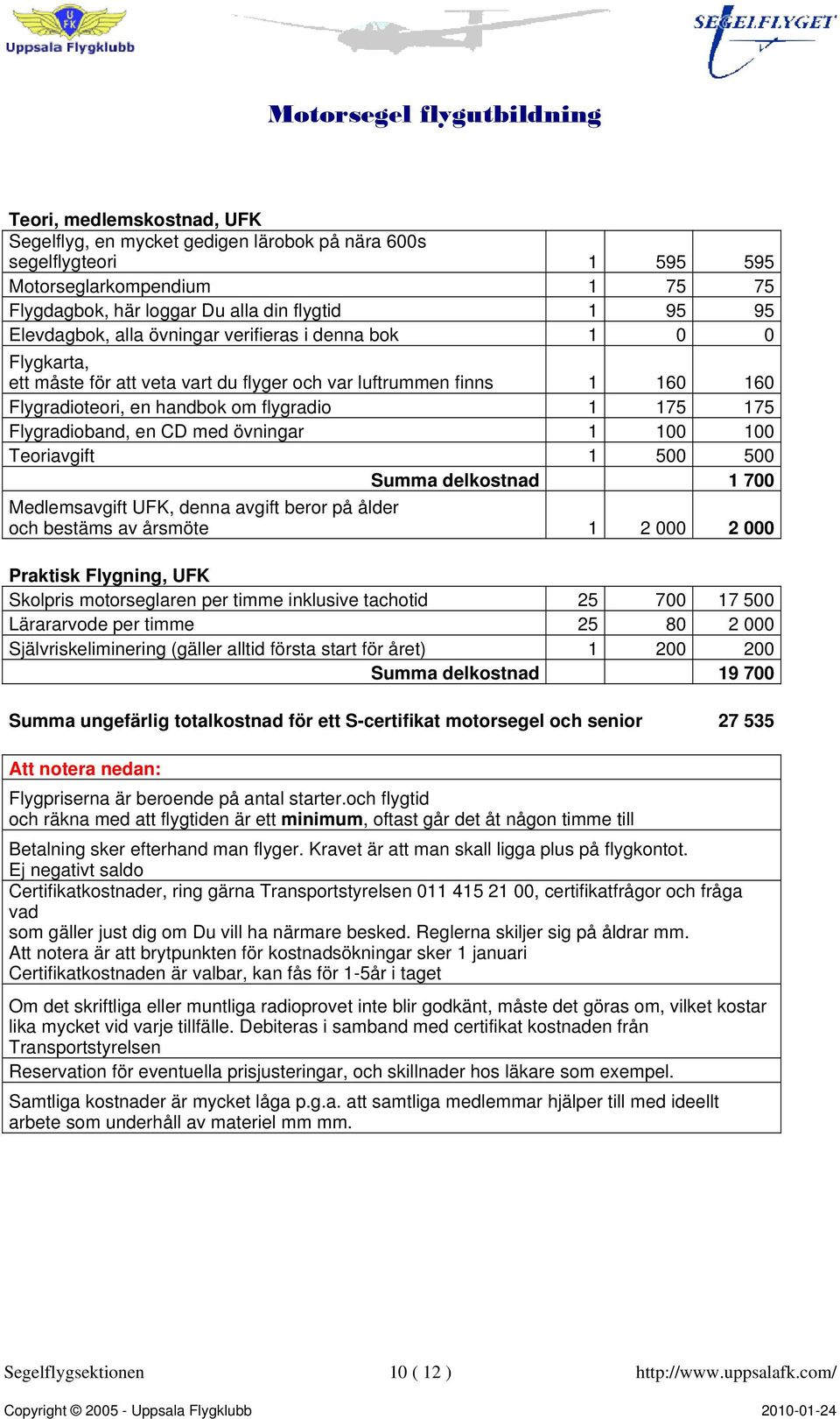 övningar 1 100 100 Teoriavgift 1 500 500 Summa delkostnad 1 700 Medlemsavgift UFK, denna avgift beror på ålder och bestäms av årsmöte 1 2 000 2 000 Praktisk Flygning, UFK Skolpris motorseglaren per