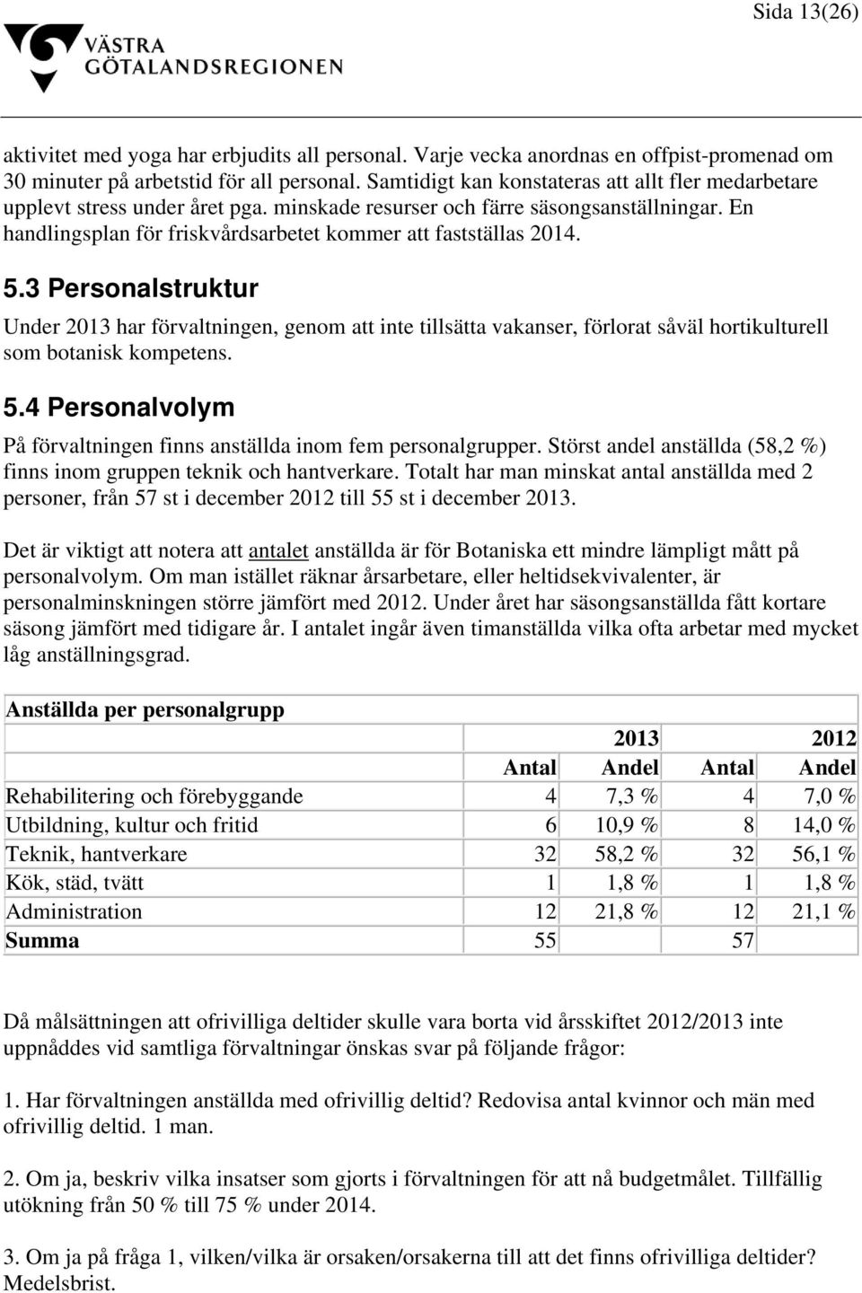 5.3 Personalstruktur Under 2013 har förvaltningen, genom att inte tillsätta vakanser, förlorat såväl hortikulturell som botanisk kompetens. 5.