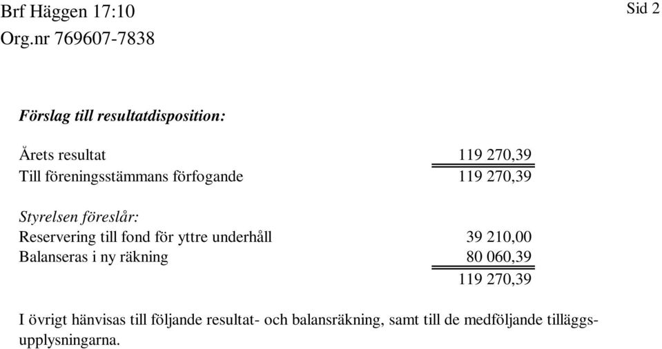 för yttre underhåll 39 210,00 Balanseras i ny räkning 80 060,39 119 270,39 I övrigt