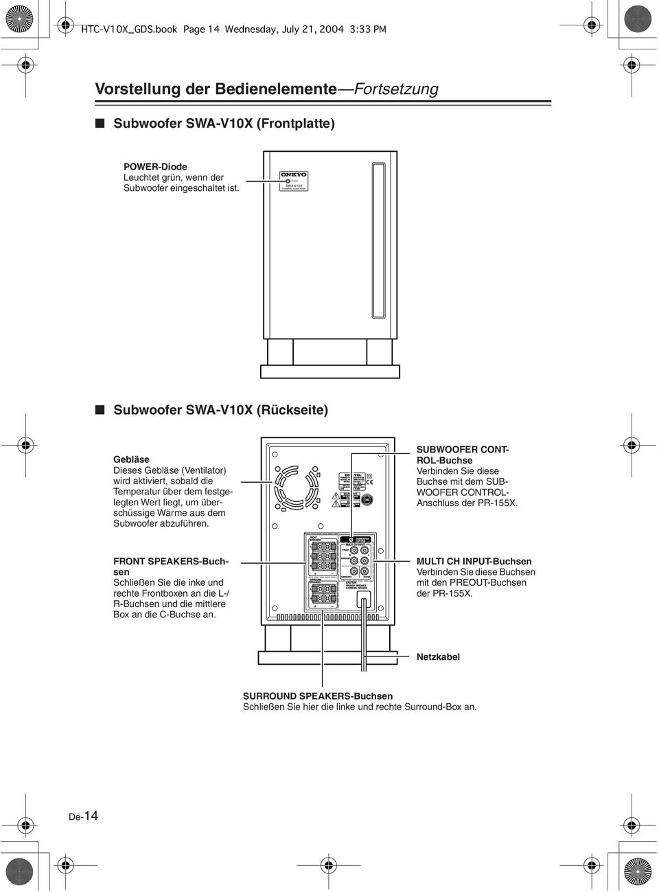 SWA-V10X Subwoofer SWA-V10X (Rückseite) Gebläse Dieses Gebläse (Ventilator) wird aktiviert, sobald die Temperatur über dem festgelegten Wert liegt, um überschüssige Wärme aus dem Subwoofer abzuführen.