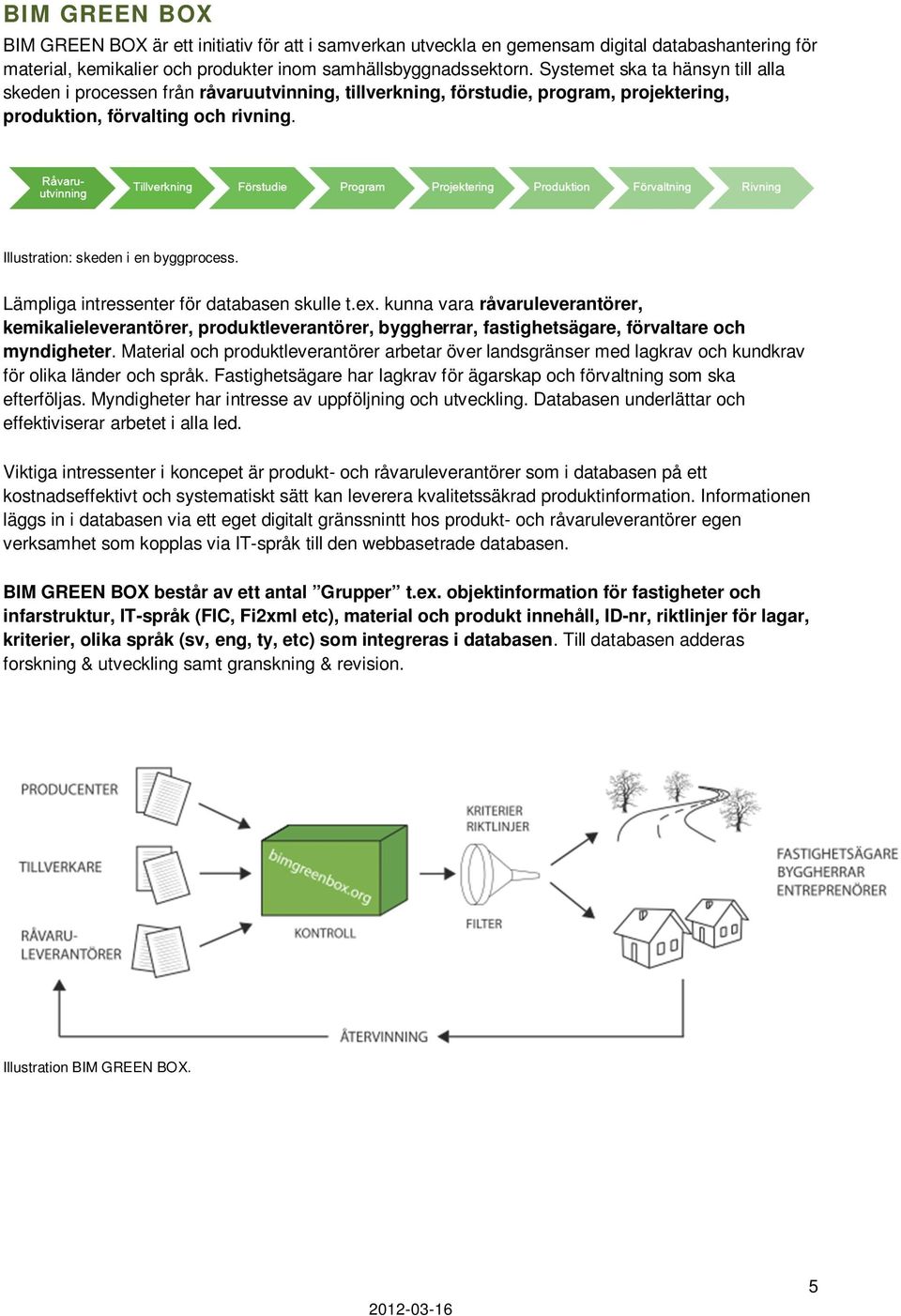 Lämpliga intressenter för databasen skulle t.ex. kunna vara råvaruleverantörer, kemikalieleverantörer, produktleverantörer, byggherrar, fastighetsägare, förvaltare och myndigheter.