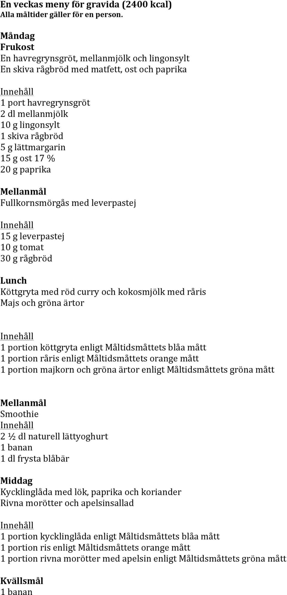 kokosmjölk med råris Majs och gröna ärtor 1 portion köttgryta enligt Måltidsmåttets blåa mått 1 portion råris enligt Måltidsmåttets orange mått 1 portion majkorn och gröna ärtor enligt