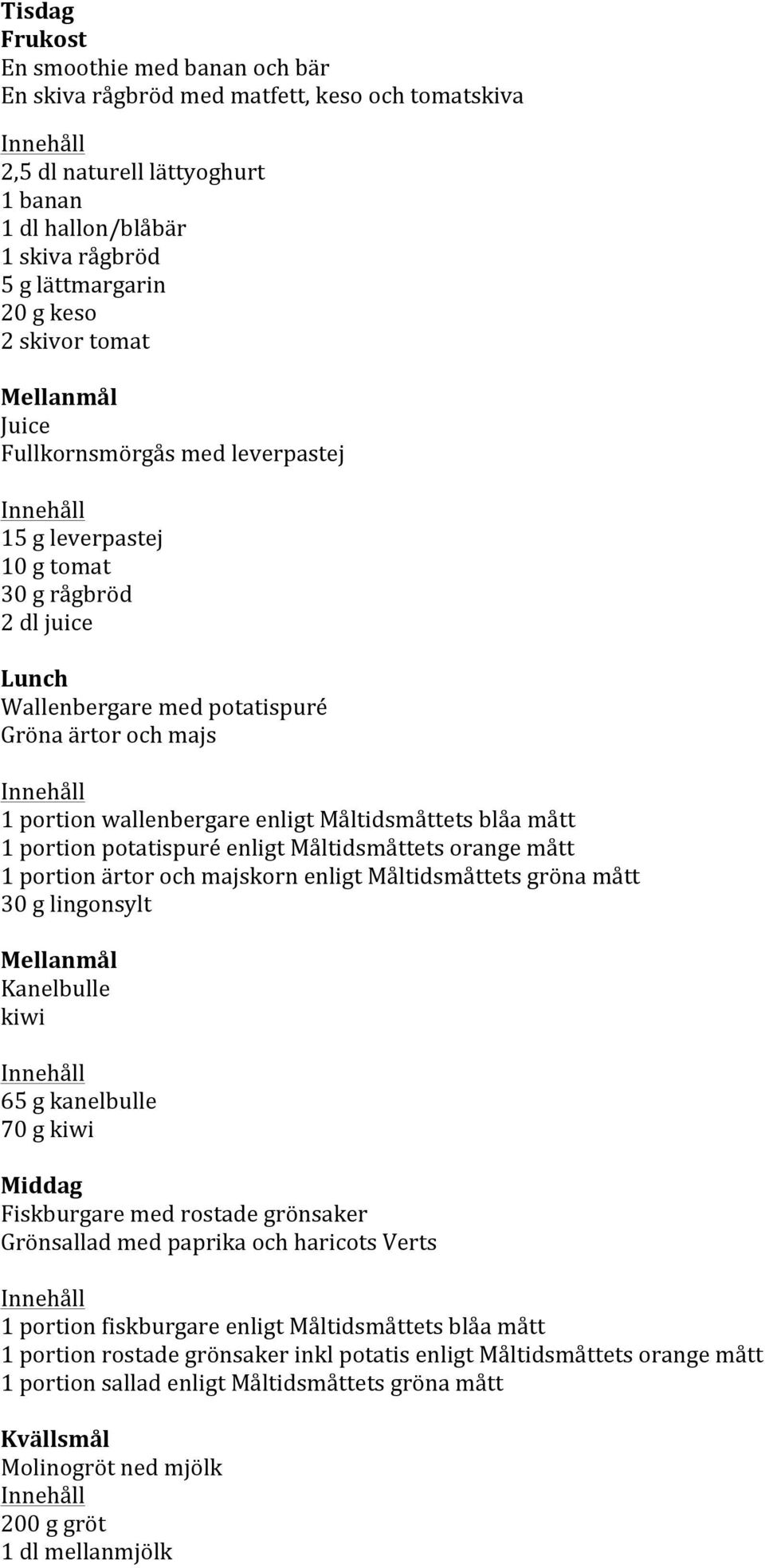 mått 30 g lingonsylt Kanelbulle kiwi 65 g kanelbulle 70 g kiwi Fiskburgare med rostade grönsaker Grönsallad med paprika och haricots Verts 1 portion fiskburgare enligt