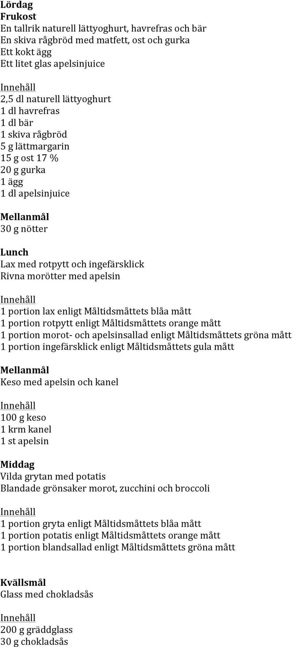 apelsinsallad enligt Måltidsmåttets gröna mått 1 portion ingefärsklick enligt Måltidsmåttets gula mått Keso med apelsin och kanel 100 g keso 1 krm kanel 1 st apelsin Vilda grytan med potatis Blandade