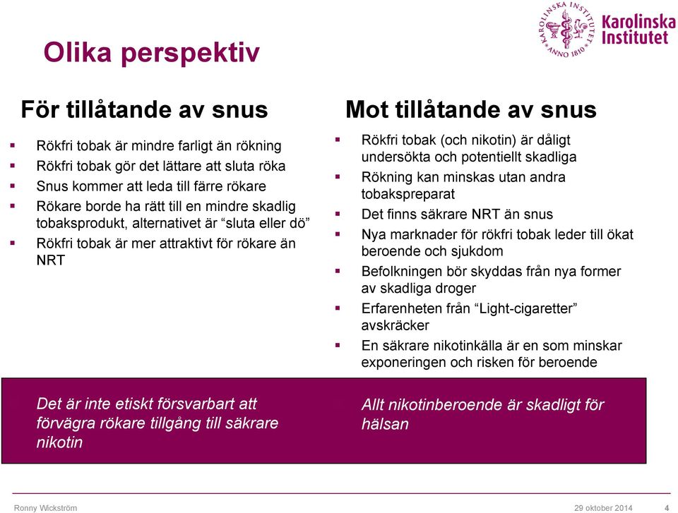 säkrare nikotin Rökfri tobak (och nikotin) är dåligt undersökta och potentiellt skadliga Rökning kan minskas utan andra tobakspreparat Det finns säkrare NRT än snus Nya marknader för rökfri tobak