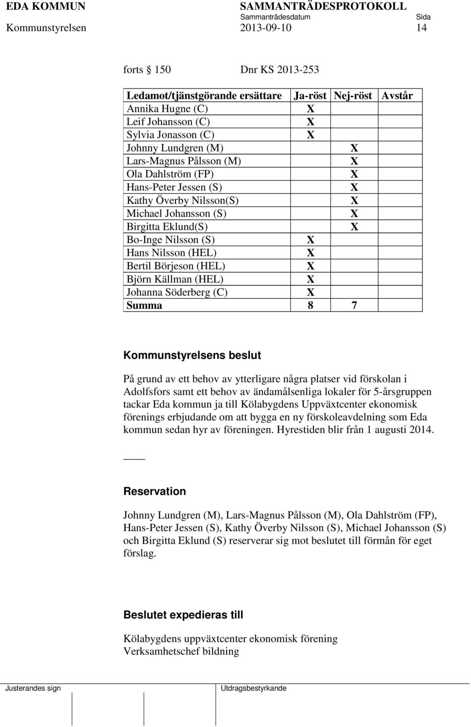Johanna Söderberg (C) Summa 8 7 Kommunstyrelsens beslut På grund av ett behov av ytterligare några platser vid förskolan i Adolfsfors samt ett behov av ändamålsenliga lokaler för 5-årsgruppen tackar