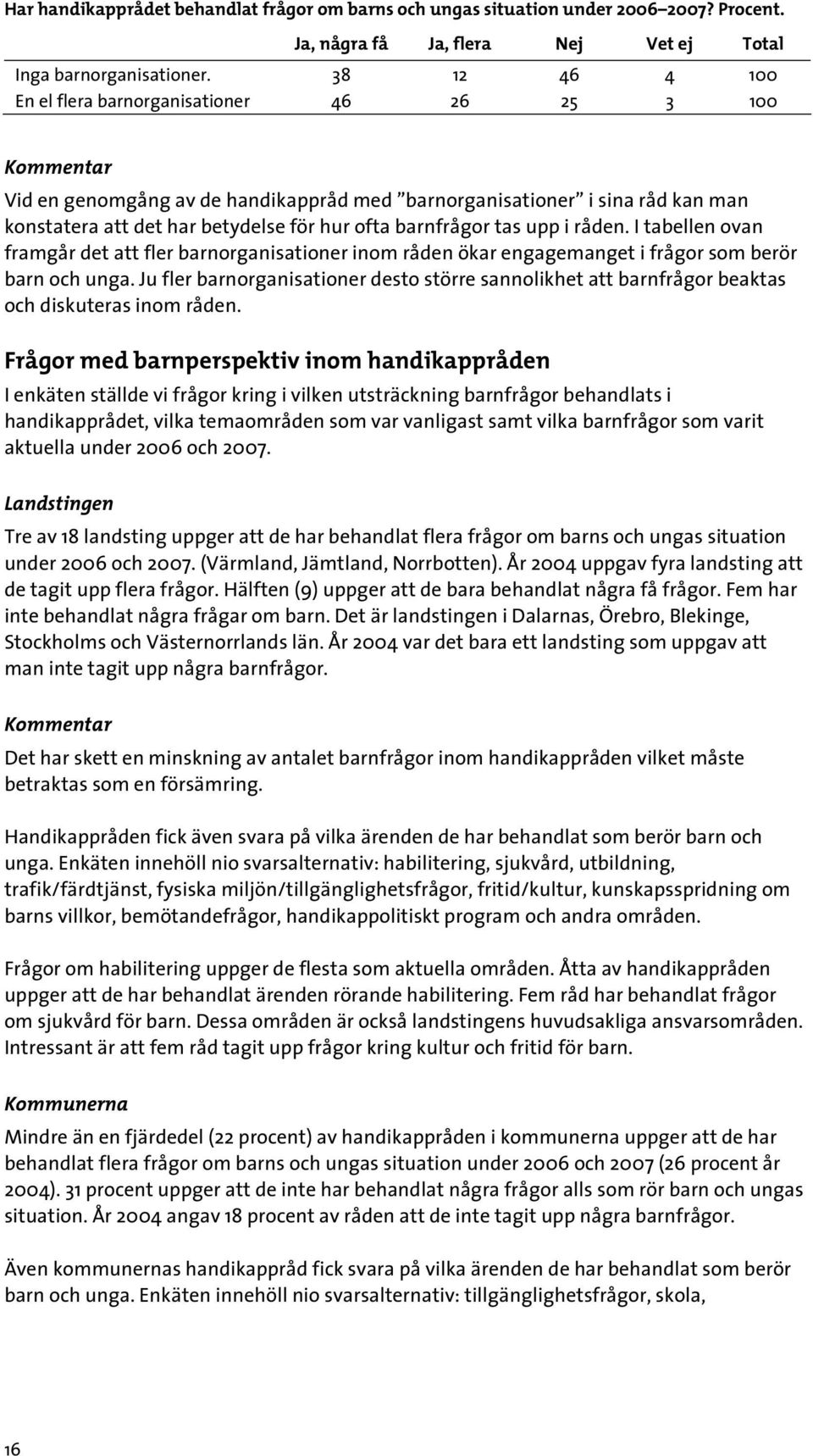 barnfrågor tas upp i råden. I tabellen ovan framgår det att fler barnorganisationer inom råden ökar engagemanget i frågor som berör barn och unga.