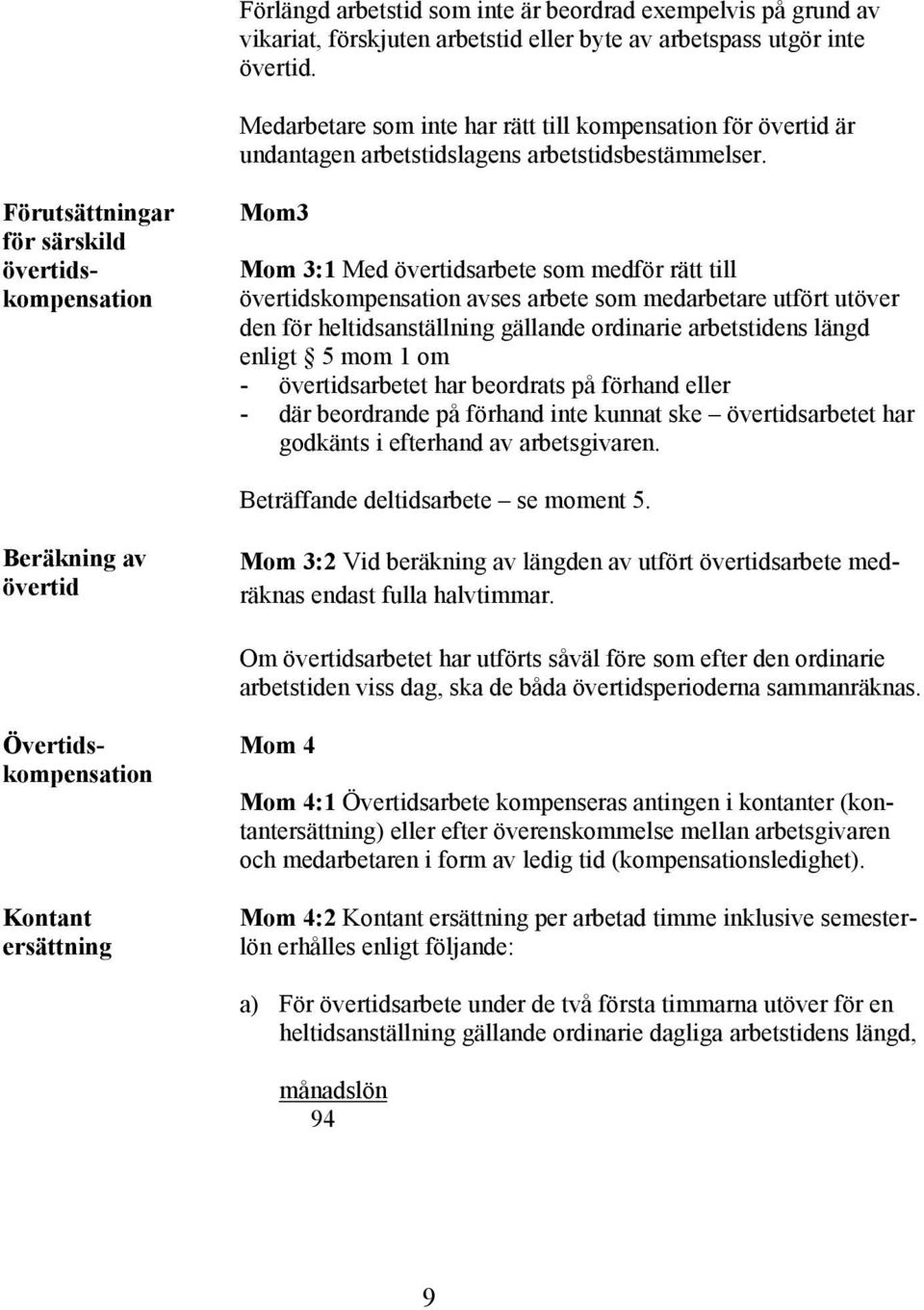 Förutsättningar för särskild övertidskompensation Mom3 Mom 3:1 Med övertidsarbete som medför rätt till övertidskompensation avses arbete som medarbetare utfört utöver den för heltidsanställning