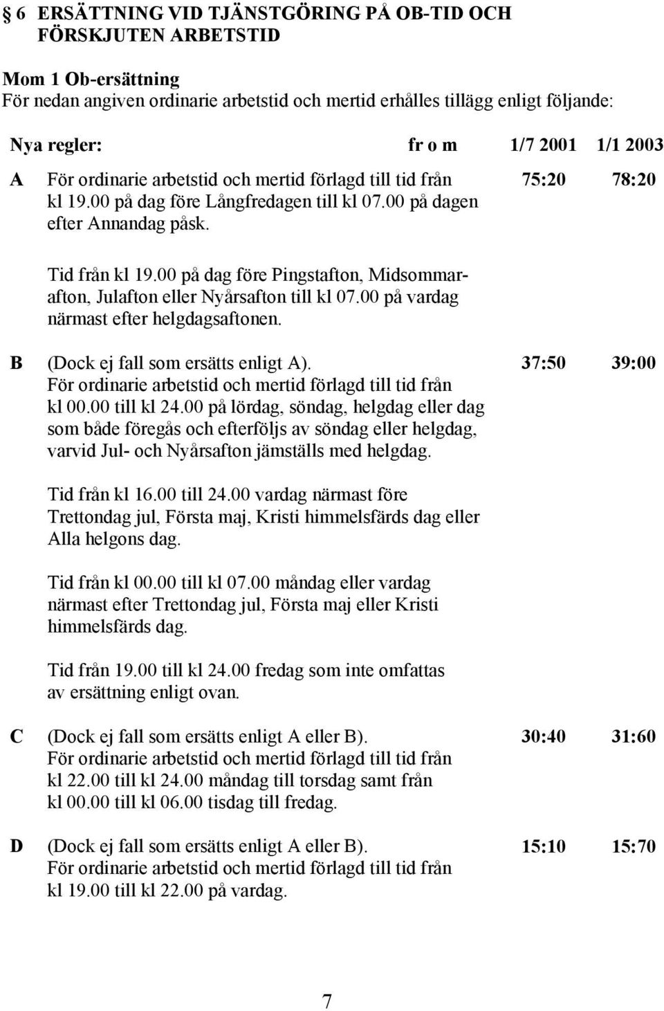 00 på dag före Pingstafton, Midsommarafton, Julafton eller Nyårsafton till kl 07.00 på vardag närmast efter helgdagsaftonen. B C D (Dock ej fall som ersätts enligt A).