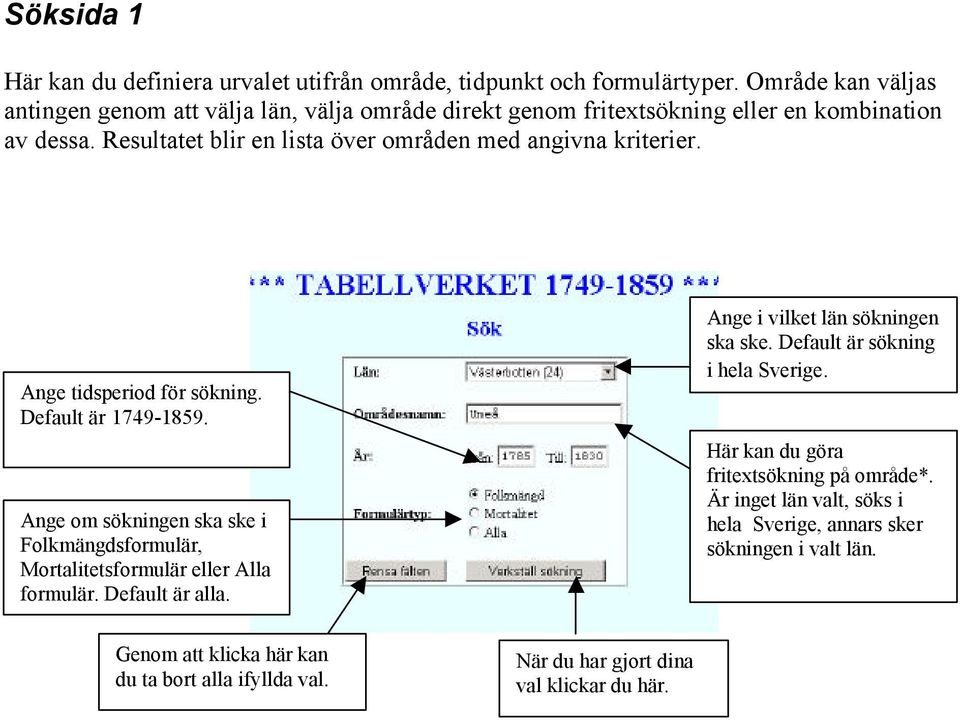 Resultatet blir en lista över områden med angivna kriterier. Ange tidsperiod för sökning. Default är 1749-1859.