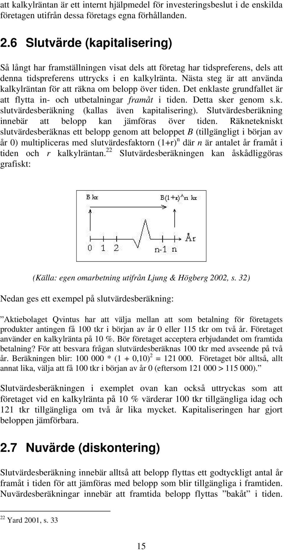 Nästa steg är att använda kalkylräntan för att räkna om belopp över tiden. Det enklaste grundfallet är att flytta in- och utbetalningar framåt i tiden. Detta sker genom s.k. slutvärdesberäkning (kallas även kapitalisering).