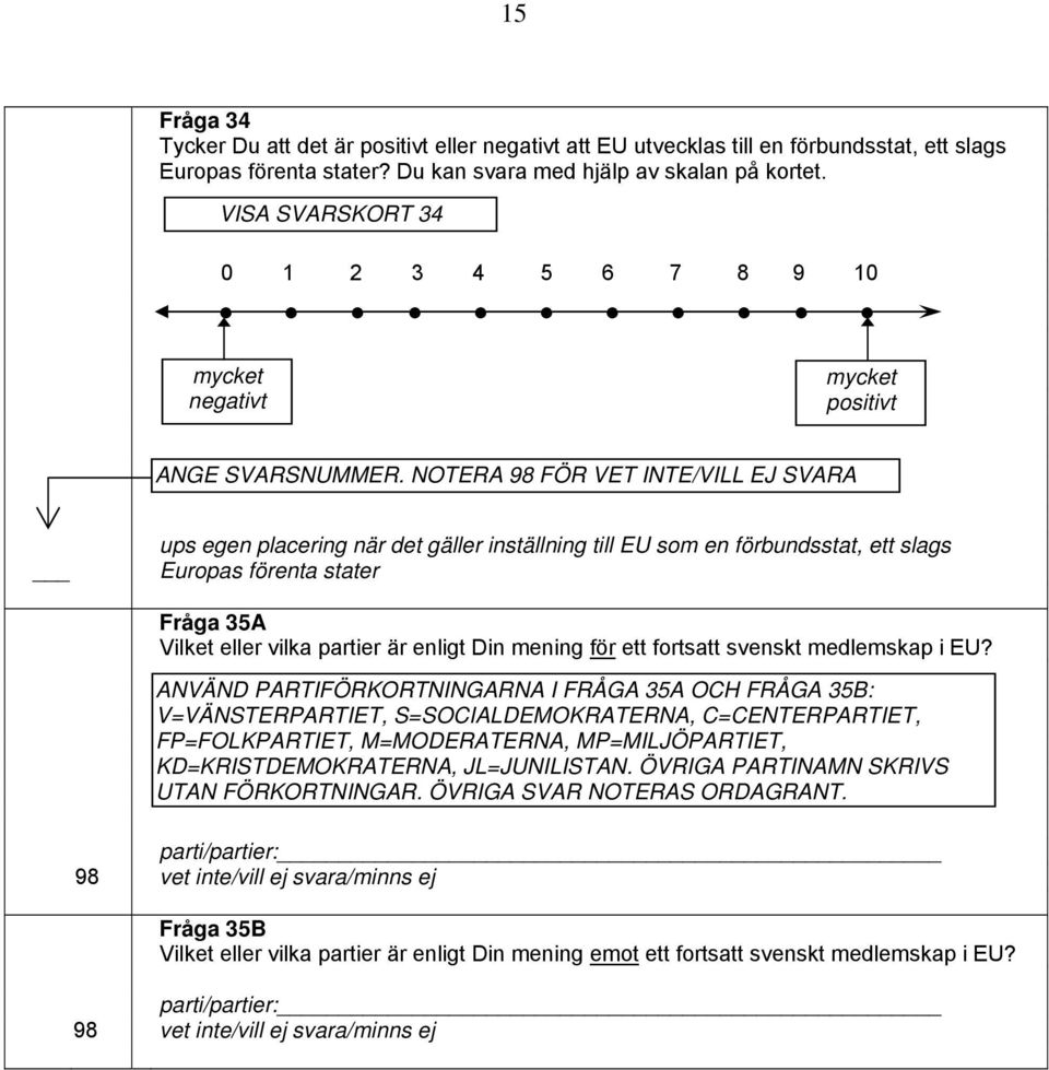 NOTERA 98 FÖR VET INTE/VILL EJ SVARA ups egen placering när det gäller inställning till EU som en förbundsstat, ett slags Europas förenta stater Fråga 35A Vilket eller vilka partier är enligt Din