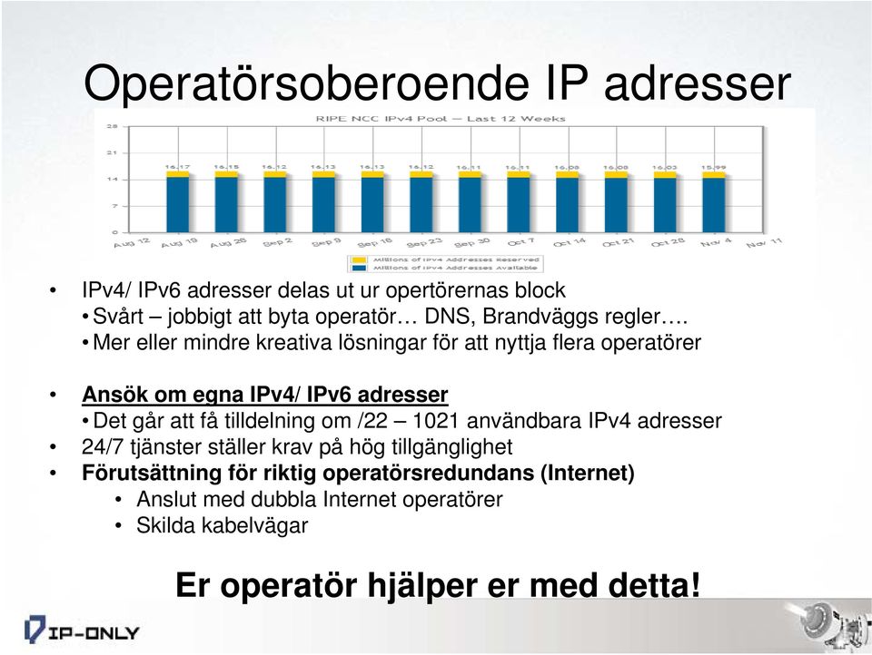 Mer eller mindre kreativa lösningar för att nyttja flera operatörer Ansök om egna IPv4/ IPv6 adresser Det går att få