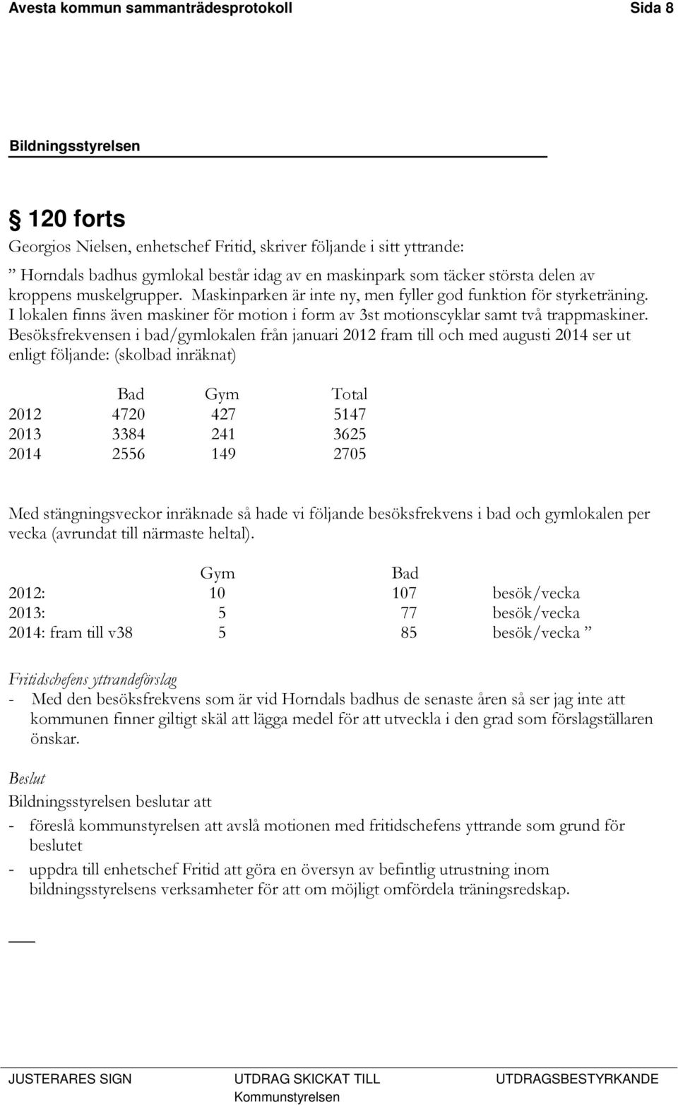 Besöksfrekvensen i bad/gymlokalen från januari 2012 fram till och med augusti 2014 ser ut enligt följande: (skolbad inräknat) Bad Gym Total 2012 4720 427 5147 2013 3384 241 3625 2014 2556 149 2705