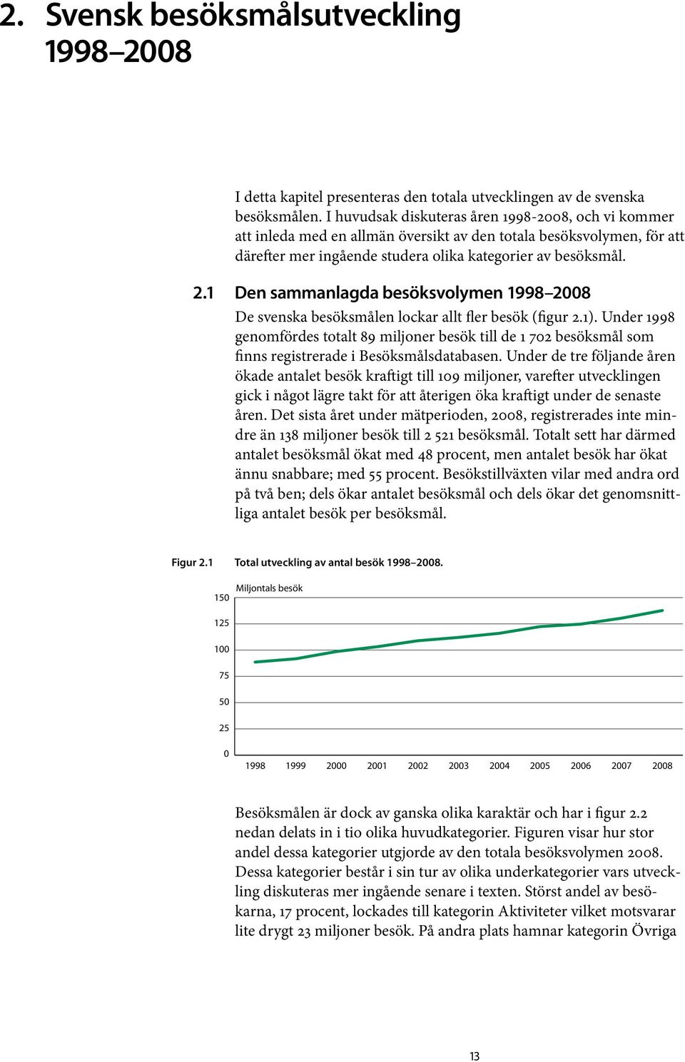 1 Den sammanlagda besöksvolymen 1998 2008 De svenska besöksmålen lockar allt fler besök (figur 2.1).