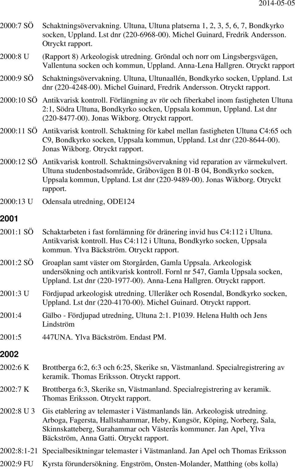 Ultuna, Ultunaallén, Bondkyrko socken, Uppland. Lst dnr (220-4248-00). Michel Guinard, Fredrik Andersson. Otryckt rapport. 2000:10 SÖ Antikvarisk kontroll.