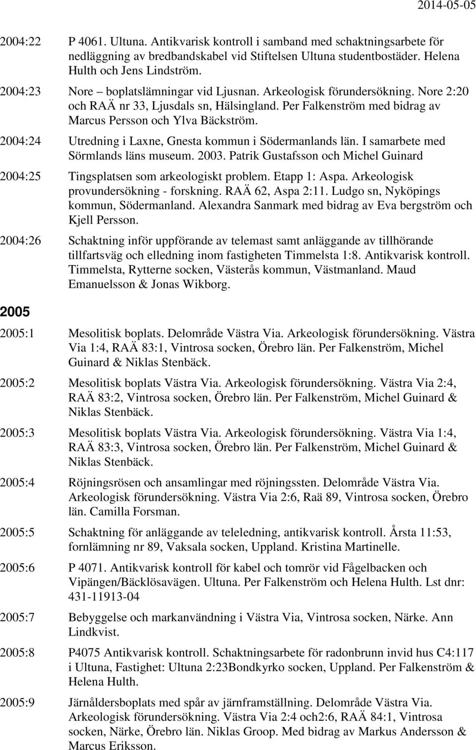 2004:24 Utredning i Laxne, Gnesta kommun i Södermanlands län. I samarbete med Sörmlands läns museum. 2003. Patrik Gustafsson och Michel Guinard 2004:25 Tingsplatsen som arkeologiskt problem.