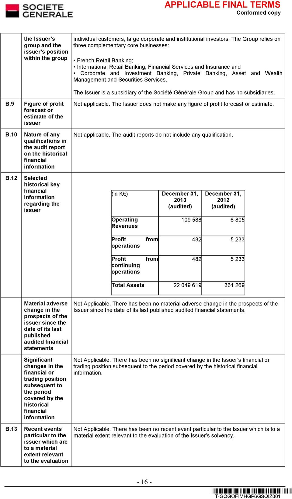 Asset and Wealth Management and Securities Services. The Issuer is a subsidiary of the Société Générale Group and has no subsidiaries. B.9 Figure of profit forecast or estimate of the issuer B.