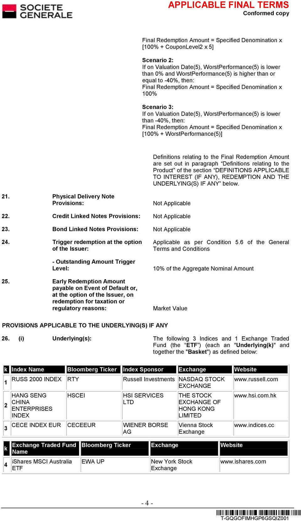 Denomination x [100% + WorstPerformance(5)] Definitions relating to the Final Redemption Amount are set out in paragraph Definitions relating to the Product of the section DEFINITIONS APPLICABLE TO