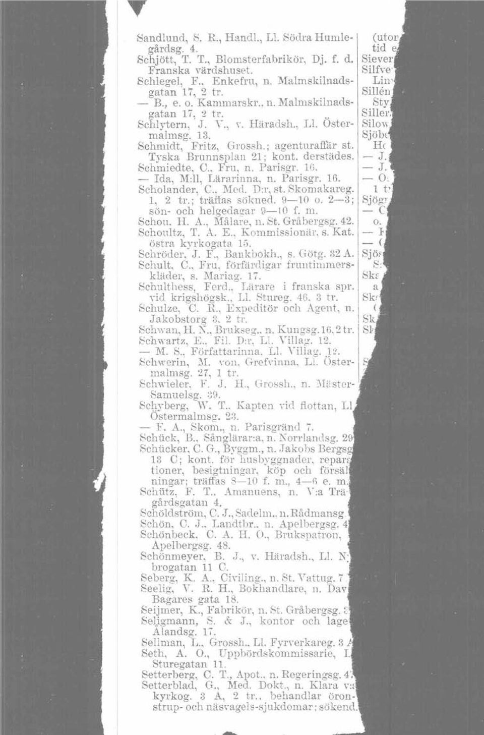 Scholander, C.. Med. D:r, st. Skomakareg. l) 2 tr.: träffas sökned. 9-10 o. 2-3; sön- och helgedagar 9-10 f. m. Schou, H. A., Målare, n. St, Gråbergsg. 42. Sehoultz, T. A. E,) Kornmissionär. S. Kat.