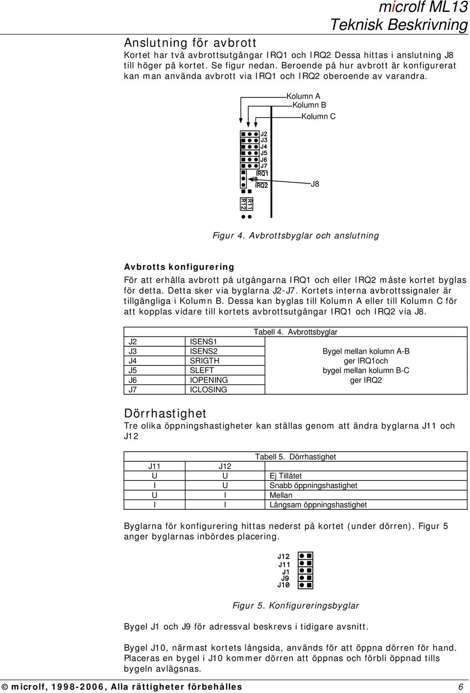 Avbrottsbyglar och anslutning Avbrotts konfigurering För att erhålla avbrott på utgångarna IR och eller IR måste kortet byglas för detta. etta sker via byglarna JJ.