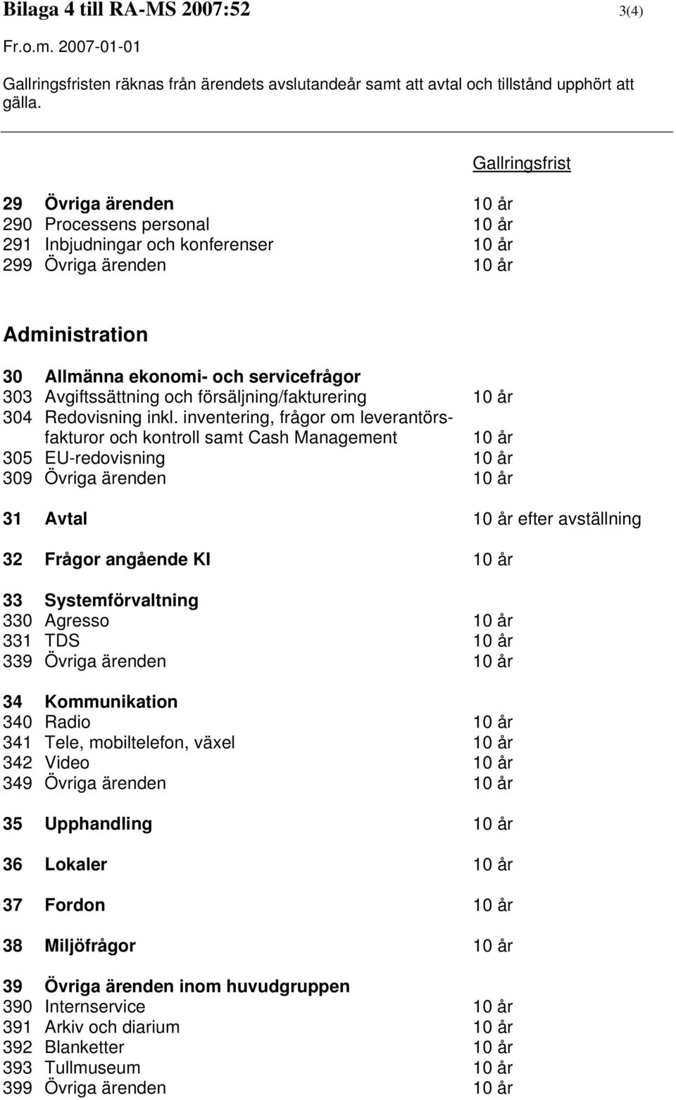 ärenden 10 år Administration 30 Allmänna ekonomi- och servicefrågor 303 Avgiftssättning och försäljning/fakturering 10 år 304 Redovisning inkl.