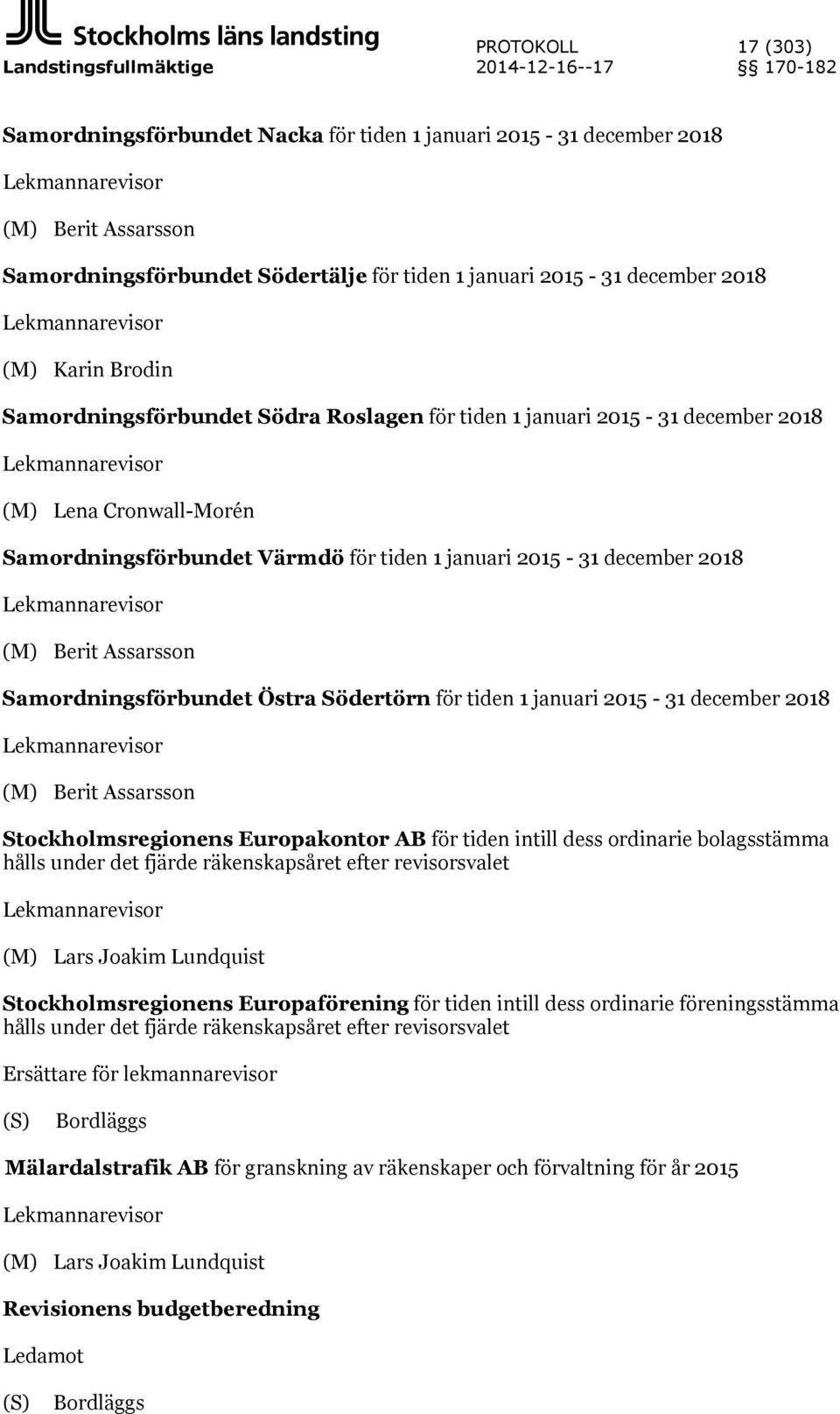 Cronwall-Morén Samordningsförbundet Värmdö för tiden 1 januari 2015-31 december 2018 Lekmannarevisor (M) Berit Assarsson Samordningsförbundet Östra Södertörn för tiden 1 januari 2015-31 december 2018