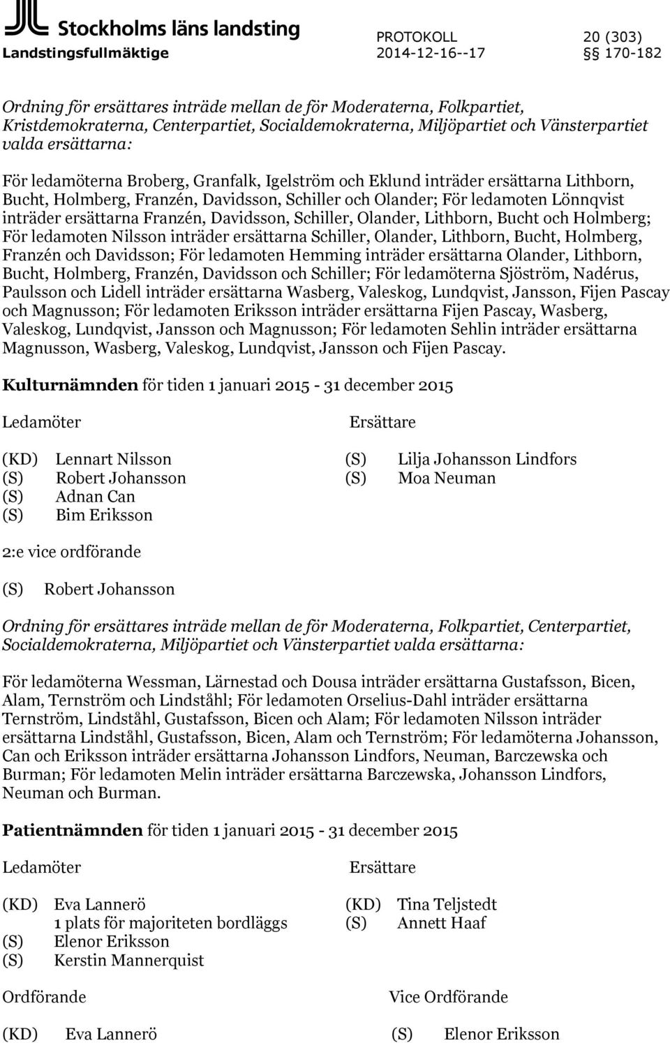 ledamoten Lönnqvist inträder ersättarna Franzén, Davidsson, Schiller, Olander, Lithborn, Bucht och Holmberg; För ledamoten Nilsson inträder ersättarna Schiller, Olander, Lithborn, Bucht, Holmberg,