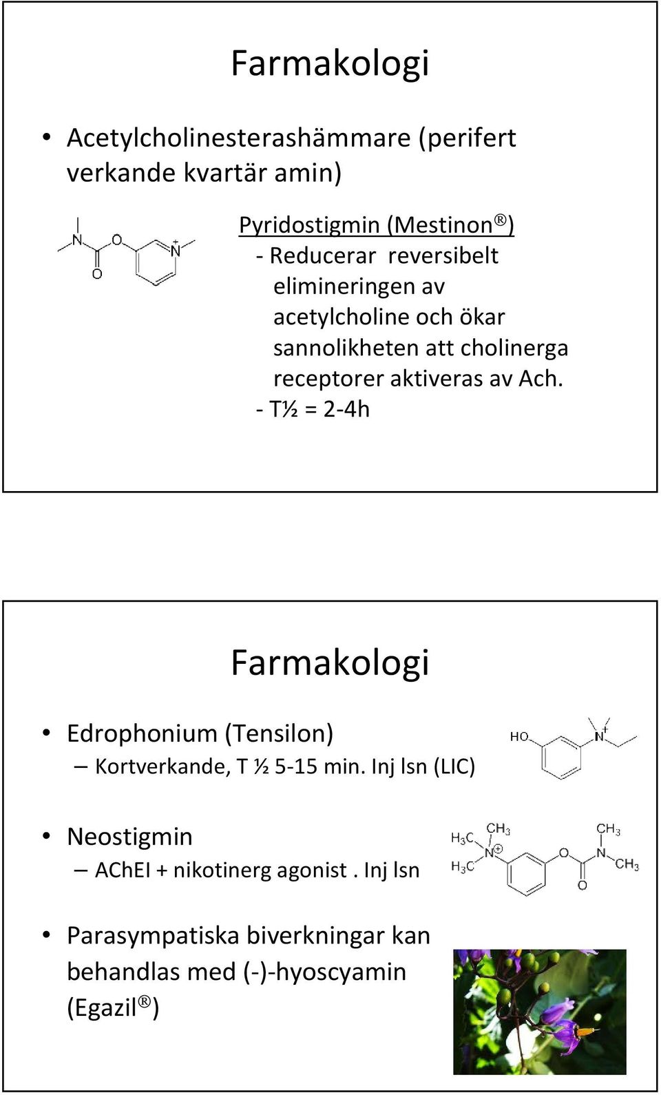 aktiveras av Ach. -T½= 2-4h Farmakologi Edrophonium (Tensilon) Kortverkande, T ½5-15 min.