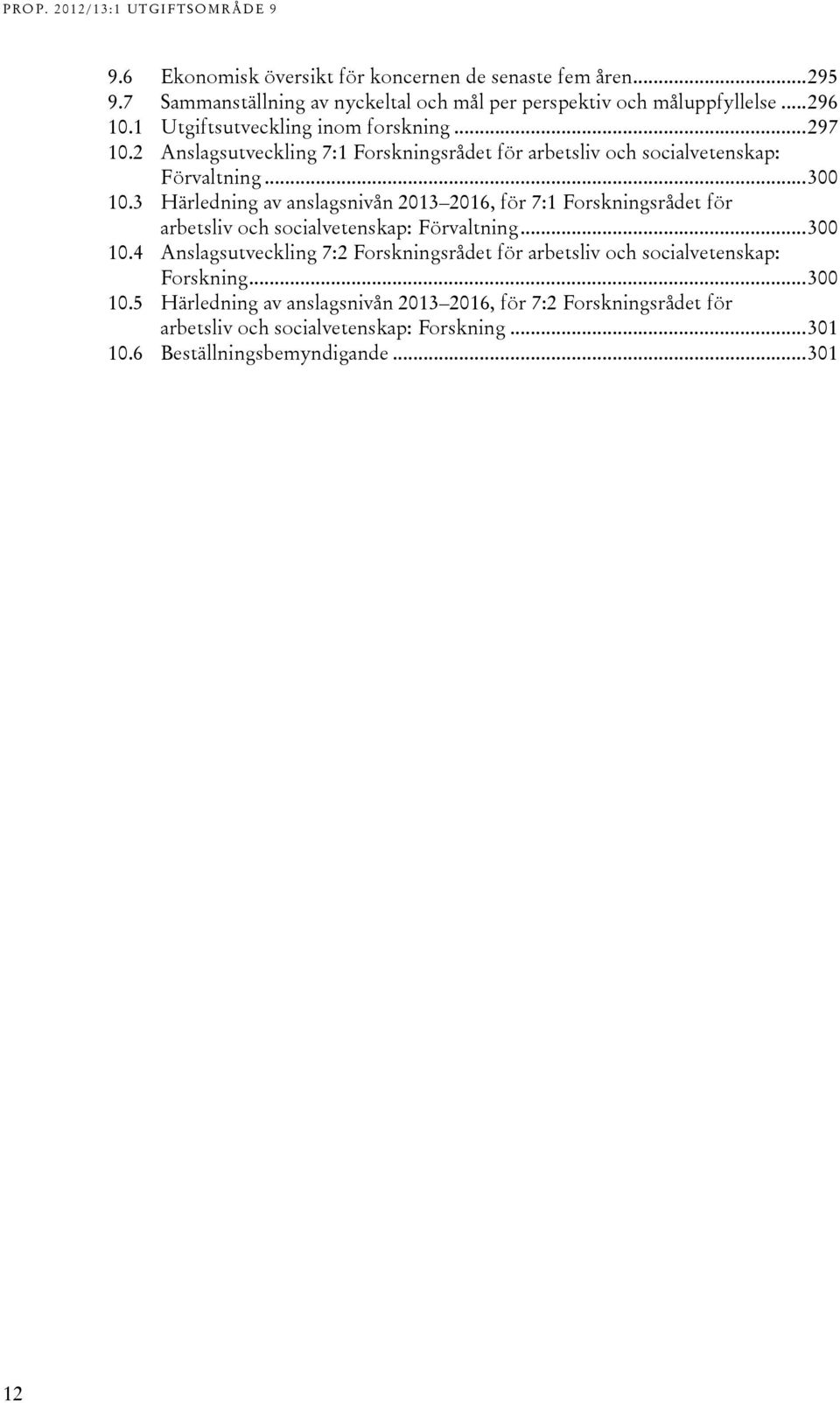 3 Härledning av anslagsnivån 2013 2016, för 7:1 Forskningsrådet för arbetsliv och socialvetenskap: Förvaltning... 300 10.