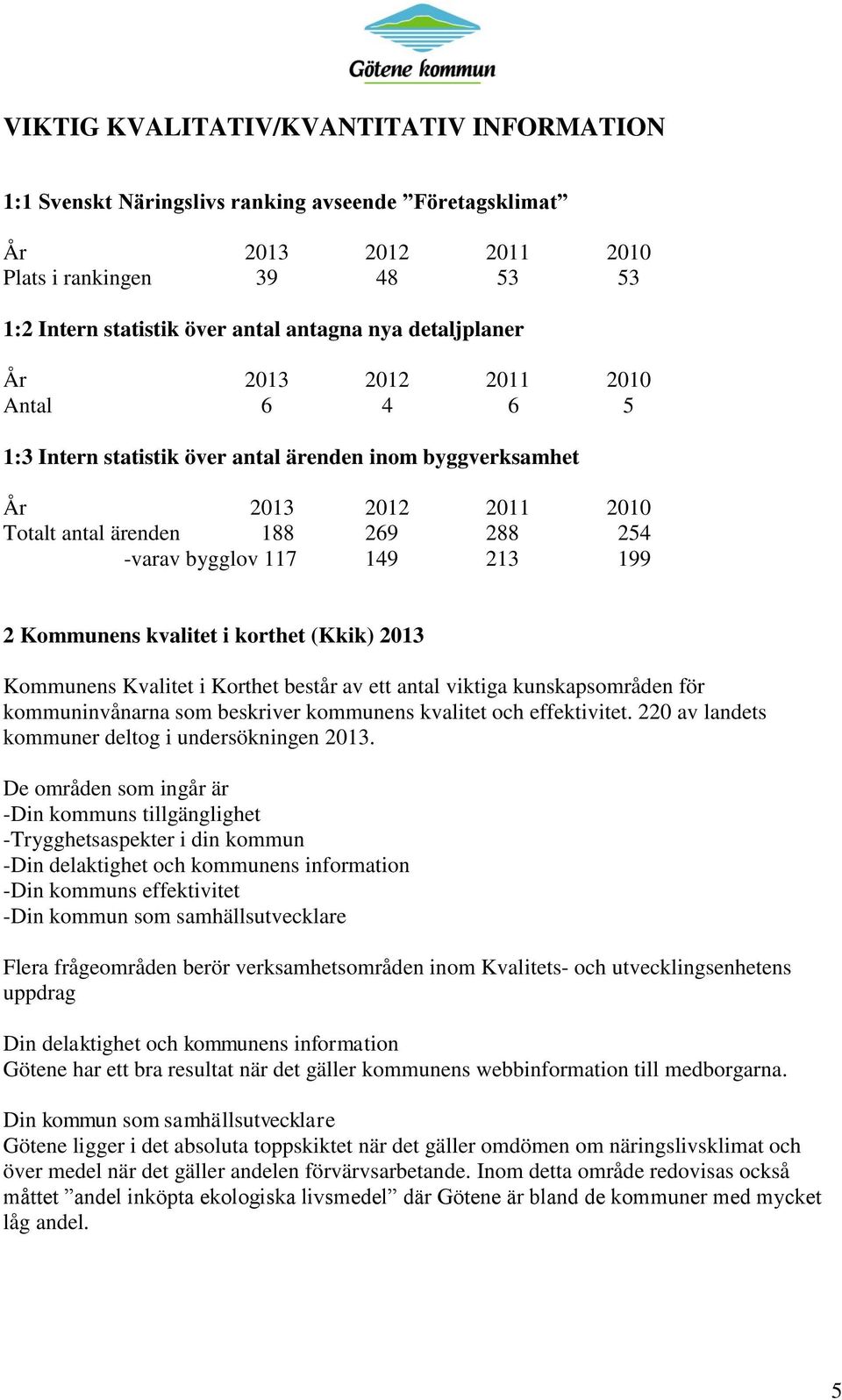 199 2 Kommunens kvalitet i korthet (Kkik) 2013 Kommunens Kvalitet i Korthet består av ett antal viktiga kunskapsområden för kommuninvånarna som beskriver kommunens kvalitet och effektivitet.