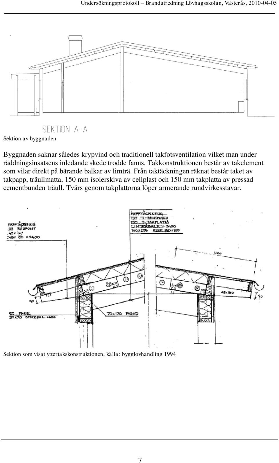 Från taktäckningen räknat består taket av takpapp, träullmatta, 150 mm isolerskiva av cellplast och 150 mm takplatta av pressad