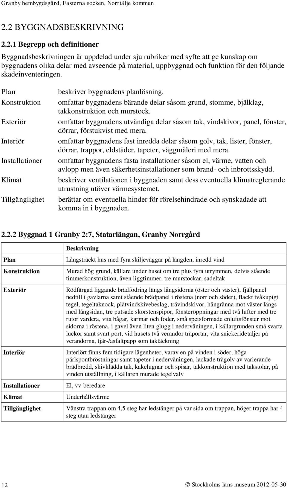 omfattar byggnadens bärande delar såsom grund, stomme, bjälklag, takkonstruktion och murstock. omfattar byggnadens utvändiga delar såsom tak, vindskivor, panel, fönster, dörrar, förstukvist med mera.