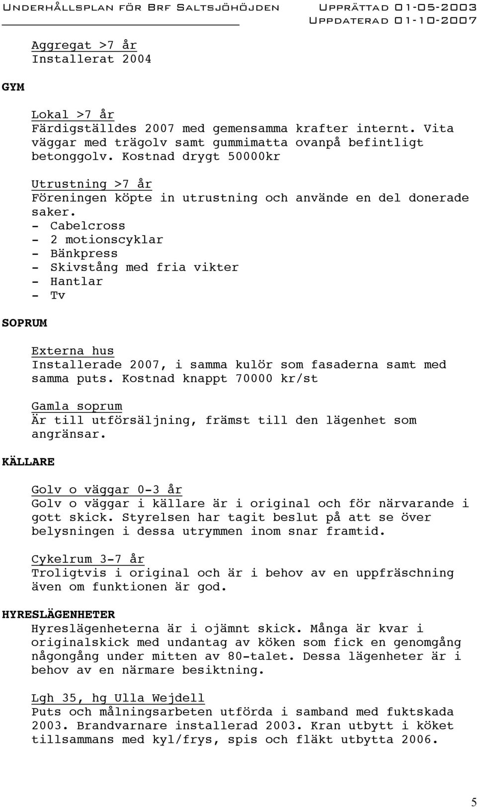 - Cabelcross - 2 motionscyklar - Bänkpress - Skivstång med fria vikter - Hantlar - Tv Externa hus Installerade 2007, i samma kulör som fasaderna samt med samma puts.