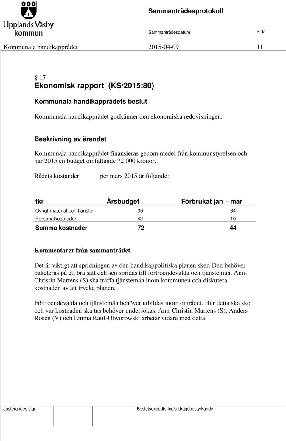 Rådets kostander per mars 2015 är följande: tkr Årsbudget Förbrukat jan mar Övrigt material och tjänster 30 34 Personalkostnader 42 10 Summa kostnader 72 44 Kommentarer från sammanträdet Det är