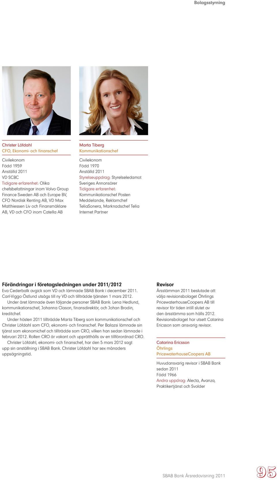 Kommunikationschef Posten Meddelande, Reklamchef TeliaSonera, Marknadschef Telia Internet Partner Förändringar i företagsledningen under 2011/2012 Eva Cederbalk avgick som VD och lämnade SBAB Bank i