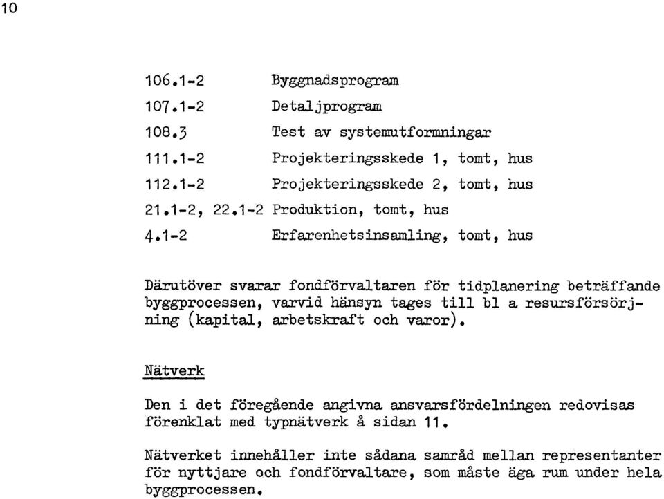 1-2 Erfarenhetsinsamling, tomt, hus Därutöver svarar fondförvaltaren för tidplanering be träf f ande byggprocessen, varvid hänsyn tages till bl a