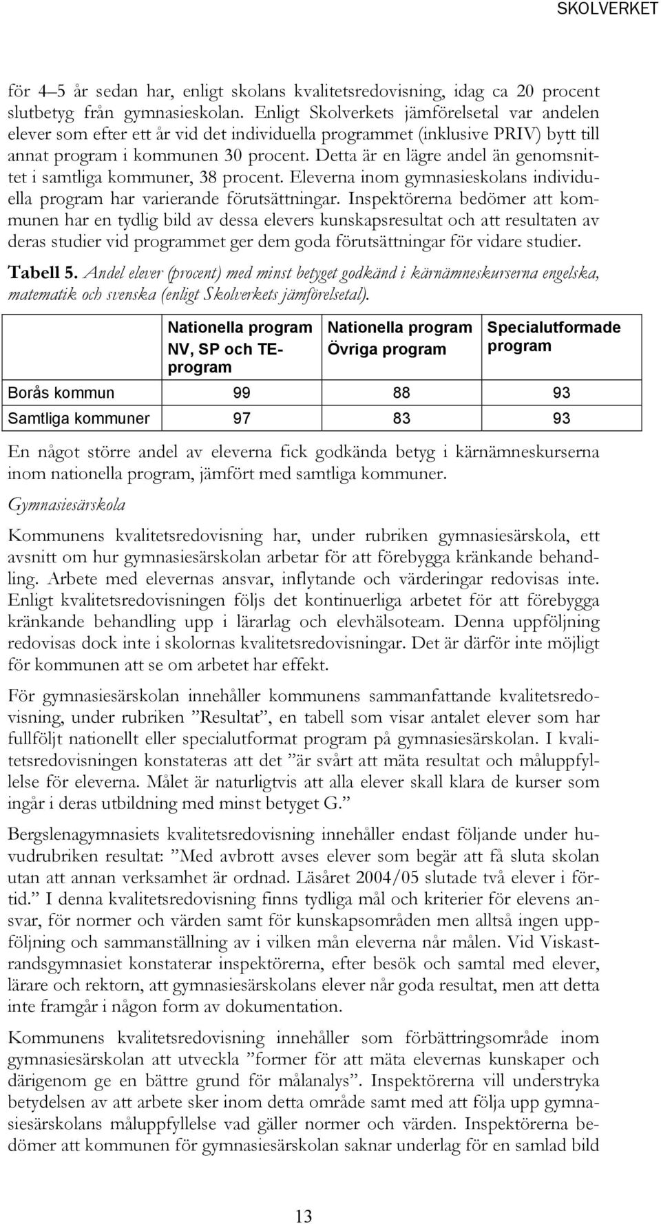 Detta är en lägre andel än genomsnittet i samtliga kommuner, 38 procent. Eleverna inom gymnasieskolans individuella program har varierande förutsättningar.