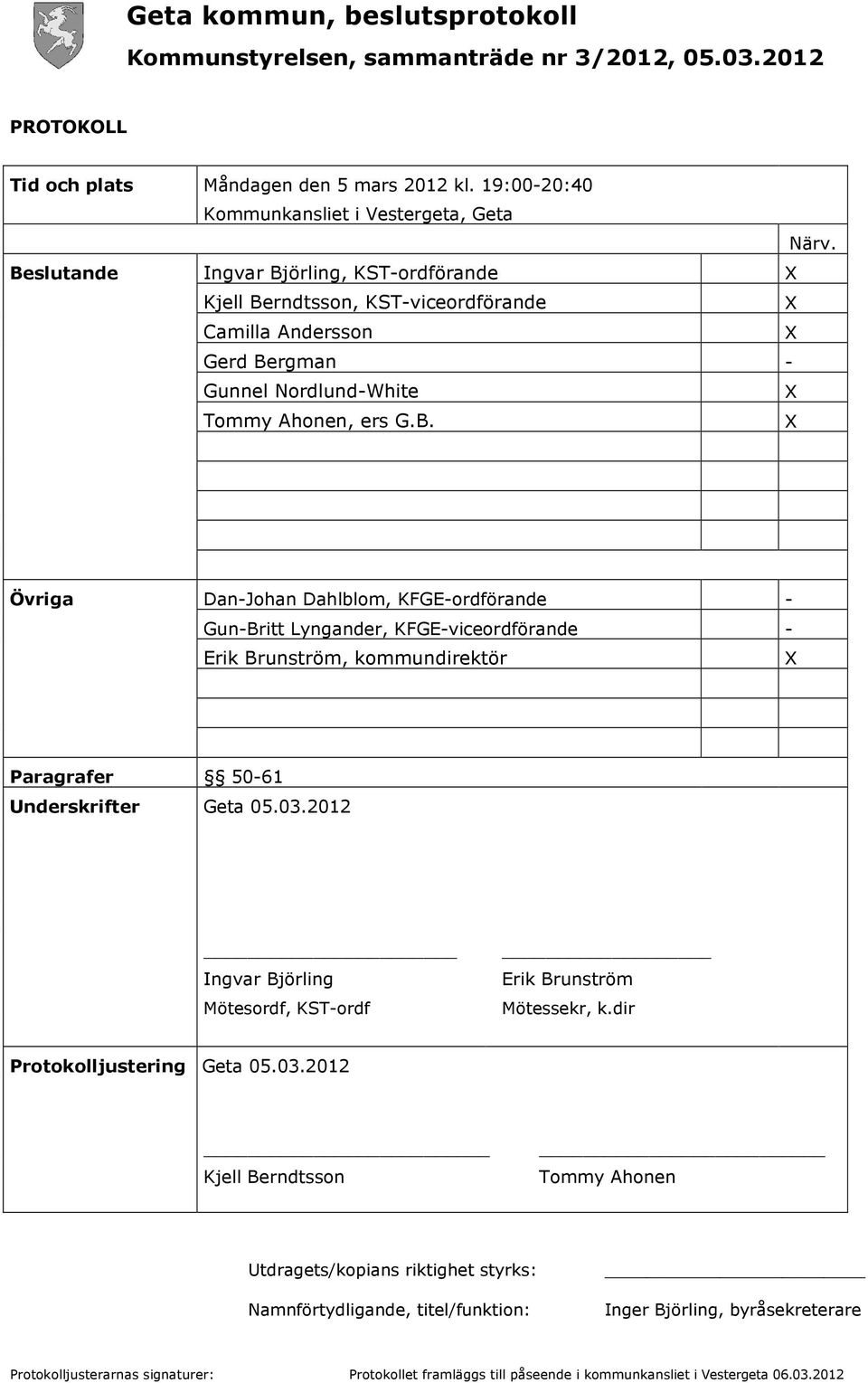 03.2012 Ingvar Björling Mötesordf, KST-ordf _ Erik Brunström Mötessekr, k.dir Protokolljustering Geta 05.03.2012 Kjell Berndtsson Tommy Ahonen Utdragets/kopians riktighet styrks: Namnförtydligande,
