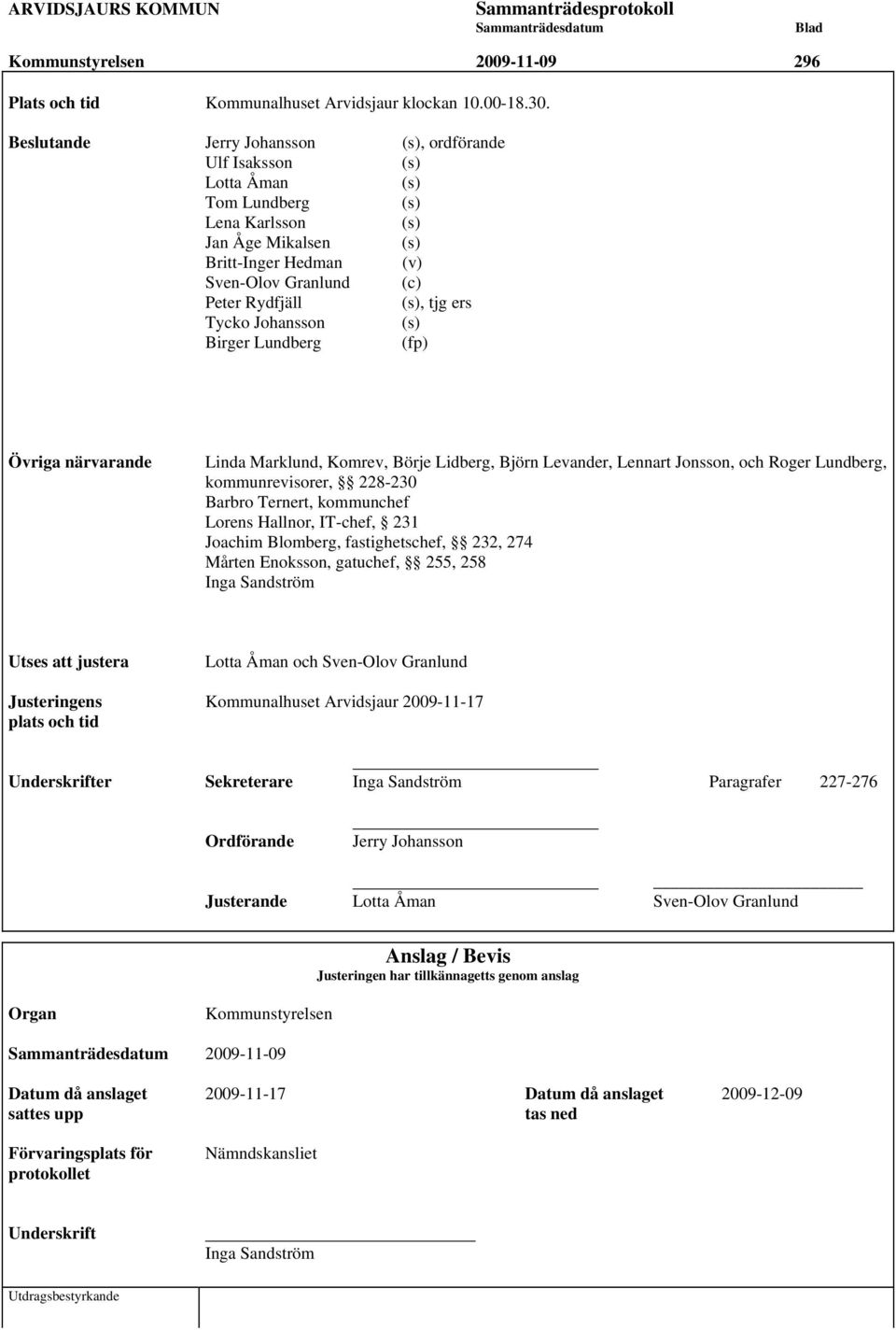 tjg ers Tycko Johansson (s) Birger Lundberg (fp) Övriga närvarande Linda Marklund, Komrev, Börje Lidberg, Björn Levander, Lennart Jonsson, och Roger Lundberg, kommunrevisorer, 228-230 Barbro Ternert,